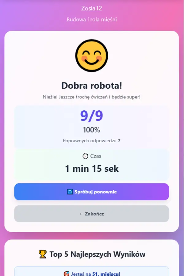 Ekran wyników w aplikacji Jestem SIGMA